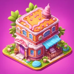 sweet cake into cartoonist house style model isometric top view for mobile game bright colors, color render hyper, lovely , surreal