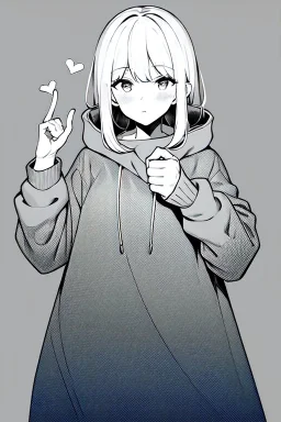 girl dressed in a loose sweatshirt and with one hand on her heart, line arts, greyscale