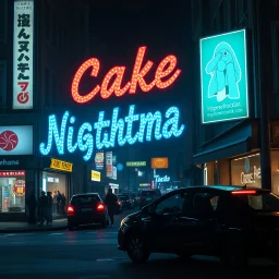 Street, advertisings in an odd script, made of cake-frosting and felt, volumetric light, hypermaximalist, night, nightmare, eerie, 3d, odd logo, persone, auto, chaos