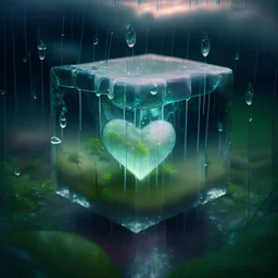 transparent cube with an electric heart in paradise nature in the rain
