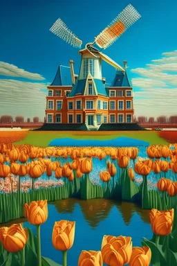 the palace of Versailles located in Amsterdam with tulips and a windmill, in the style of Van Gogh