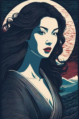 create an imaginative woodcut of an ethereal, otherworldly seductive ancient female Lasombra vampire , in the style of Hasui Kawase