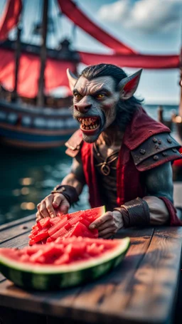 portrait of a vampire werewolf with mustage eating watermelon and the blood of fish on a viking ship, on a glass pier ,bokeh like f/0.8, tilt-shift lens 8k, high detail, smooth render, down-light, unreal engine, prize winning