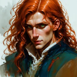 dnd, fantasy, watercolour, stylistic, portrait, illustration, dull colours, male, face, narrow long face, weathered face, green eyes, determined, happy, red hair, very long hair streaming down the shoulders, radiating light, five o'clock shadow, softer facial features, dignified