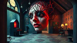 Surreais Zdzisław Beksiński, Dan Mumford style, three dimensional digital art, colorful art, eerie, horror-inspired gothic sierpinski spiders climbing on a woman's face open section house old bauhauart psyxhsdelic art background. the scene's macabre and dramatic feel. and psychedelic