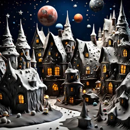 detailed creepy village made of cake frosting, melting steel, strong texture, extreme detail, octane render, stars and planets, Yves Tanguy, Max Ernst