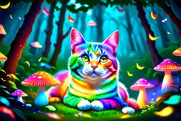 A rainbow-colored cat with golden and teal eyes resting in a magical forest, surrounded by glowing mushrooms, neon vines, and fragmented light. The background is dreamy and surreal. --v 7 --style raw --ar 4:5 --q 2