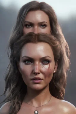 Camilla luddington face, big busty hitomi tanaka, texture skin,Crystal yellow eyes, long white hair, wearing The Lara Croft, realistic, 4k, intricate, best quality, fog particles, fire particles, octane render, vray, sword fire