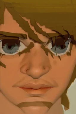 Redraw the cartoon character and fix the image resolution His hair is brown and long, but messy. His lips are closed, showing his bravery. His eyes are lined, showing his determination. He has shadows under his eyes, showing his stress and convert the drawing view 3D panel style digital Painting detailed with a panoramic scene Ultra-wide angle Highly realistic precise details Detailed