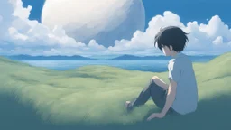 giant half transparent virtual moon, glitchy, blurry, mechanical, sci-fi, maximum quality, centered on frame, far view, in the middle of a grassy hill, white sky with cumulonimbus, manga, makoto shinkai style, blue sea