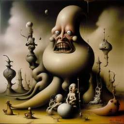 Surreal sinister, Style by Yves Tanguy, Dante's third level of hell = GLUTTONY, symbolic art, massively obese non-human radical bio deformity, Expressionism