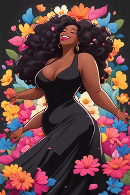 A sassy thick-lined magna style cartoon black female lounging lazily on her side, surrounded by colorful large flower petals. her curvy body silhouette a black maxi dress. Looking up coyly, she grins widely, showing teeth. Her poofy hair forms a mane framing her confident, regal expression.
