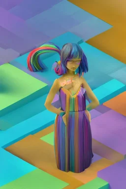 isometric clean art of super beautiful lady, soft lighting, soft pastel gradients, high definition, 3d icon clay render, blender 3d, beautiful, long hair, rainbow hair, rainbow dress, feline eyes and ears