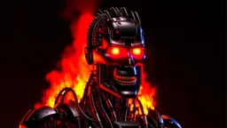 4K portrait of the real-life. Maximum details. Terminator robot, firestarter, radio broadcast logo, flames in the background.