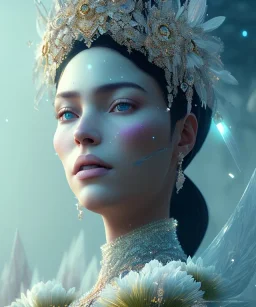 A portrait of a crystalised flower queen, atmospheric, realistic, unreal engine, cinematic lighting, octane render.