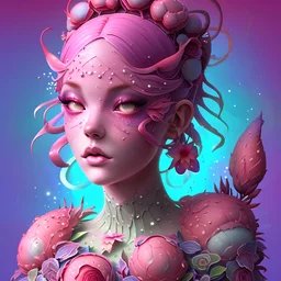 Ultraquality digital_illustration of a fruity goddess flowerpunk!!!, deep watercolor!, stippling!, speed_paint!, thick_brush_strokes!, anime, cosmic, astral, inspired by ismail inceoglu, Dan_witz, moebius , android_jones, artgerm , studio mappa, photorealistic, Hyperrealistic, cgsociety zbrush_central fantasy album cover art 4k hdr 64 megapixels 8k back lit complex elaborate fantastical hyperdetailed