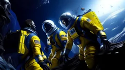 Skilled astronauts and pilots of different races and genders working together to save a stranded spacecraft on the precipice of a vast, mysterious galactic void, navy blue, white and bold yellow color scheme