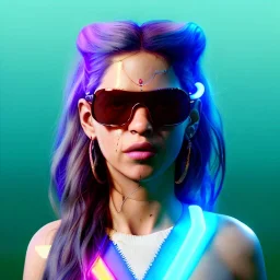 Shakira, artist, 30 years old, Realistic image, waist up portrait, etro style dress. Gucci sunglasses. loose long hair, eyes make up, perfect, glow, circle iris. Neon colors, leds. Cyberpunk. concept art, smooth, unreal engine 5, god lights, ray tracing, RTX, lumen lighting, ultra detail, volumetric lighting, 3d, finely drawn, high definition, 4k.