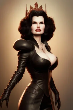 Geena Davis as evil queen in black leather, leather, busty, cleavage, angry, rage, stern look. character design by cory loftis, fenghua zhong, ryohei hase, ismail inceoglu and ruan jia. unreal engine 5, artistic lighting, highly detailed, photorealistic, fantasy