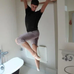 He enjoys practicing his ballet in the bathroom.