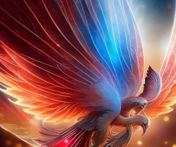 a detailed illustration of a phoenix with shiny red wings and long glowing sparkly body, luminescent body, glinting spread wings, realistic, soft and smooth glowing wings, soft feathers, macro lens, sharp focus, meticulously detailed, soft studio lighting, smooth blurred gradient background, 64k