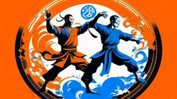 An image of two wushu fighters fighting in a black, orange, and blue color scheme with yang and yang symbols above their heads.