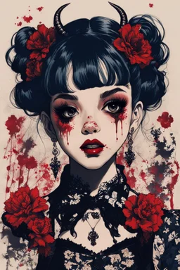 Poster in two gradually, a one side malevolent goth vampire girl face and other side the Singer Melanie Martinez face, full body, painting by Yoji Shinkawa, darkblue and sepia tones, wears a smart shirt which is embroidered with red flowers and ornaments, has dark eyes and horns,