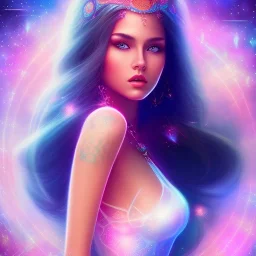 beautiful woman with long hair look the stars and northern aurora blue turquoise lights, blue, pink,