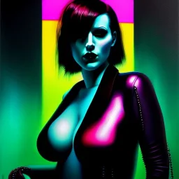 portrait oil on canvas, beautiful punk busty female Cyborg, looking to viewer, sad green eyes, post-apocalyptic in a cyberpunk city,minimal skintight suit, blade runner, comic book cover, mystical colors, neon, insanely detailed,realistic,intrincate detail, 16k resolution, masterpiece, Adam hughes