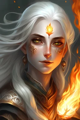 female druid elf with white hair pale skin and swirling fire in her eyes