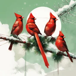 by Russ Mills and Norman Rockwell, perched on telephone line a row of cardinal birds wearing green Christmas Santa caps, hyperrealistic, morning light, snow, whimsical, Christmas morning theme