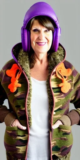 Brunette mature woman. average body type, think thighs and thick calves. Mantle is sewed of recycled Denim and sewed together of camouflage pieces. Printed camouflage figures are orange,terracotta, cream and purple. It is with big bright purple felt tippet and cream-colored-hood. mantle is merged with satchel. . AKG-style headphones (gold rings!) is merged with small felt cap with small visor. Style: Haute Couture in 1936, Paris fashion in 2023, inspired by street art. Cream latex gaiter.