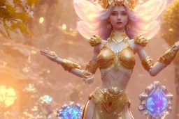 very beautiful crystal and gold goddess in a galactic ambiance, nice smiling, transparent petals, delicate colors, full of details, smooth, bright sunshine，soft light atmosphere, light effect，vaporwave colorful, concept art, smooth, extremely sharp detail, finely tuned detail, ultra high definition, 8 k, unreal engine 5, ultra sharp focus