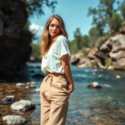 very beautiful lady with pant and blouse looking to camera,upper body close up in beautiful nature with river with clean water and floor with nice rocks