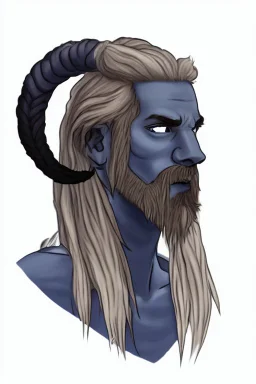 A tieffelin with blue skin and white Dreadlock hair. His pupil-less eyes are green. He wears a small beard. His horns are black and curved backwards. He wears a beige tunic.