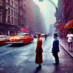 Picture 1950's street life, people, New York, very blurry, abstractism, colours, strong texture, 3d, chaotic