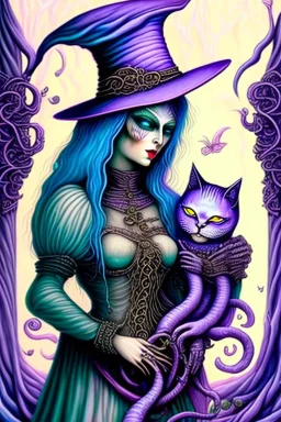 Friendly witch, playing with cats, perfect iris, pastel colours, style H.G. Giger