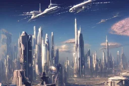 A Spaceship is taking off,Space Center on a heavy industrialized planet with a futuristic city in the background, (retrofuturistic:2), art by John Berkey, (((((buildings with glass facades))))), brutalist architecture, insanely detailed, vibrant, 8k uhd, cinematic atmosphere, ultra-wide angle, street level view, brush strokes, blue sky with clouds, sharp focus