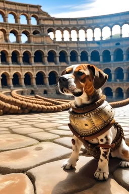 perro salchicha marrón con manchas con guerrero romano peleando en el coliseo