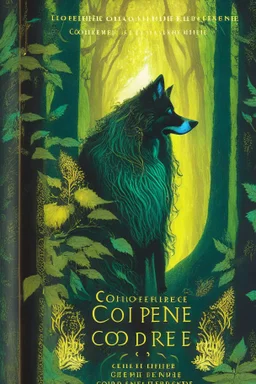 book cover, In the heart of a dense and enigmatic forest with towering ancient trees cloaked in emerald, yellow and amber foliage stands a witch possessing an ethereal allure her lustrous hair cascading in ebony waves down to her slender waist In the background a majestic canine of Belgian shepherd lineage roams its eyes illuminated by an otherworldly crimson