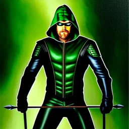 ultra detailed fullbody Portrait in oil on canvas of Green Arrow, extremely detailed digital painting,intrincate, extremely detailed face,crystal clear Big Glowing eyes, mystical colors , perfectly centered image, perfect composition, rim light, beautiful lighting, 8k, stunning scene,extremely sharp detail, finely tuned detail, ultra high definition raytracing, in the style of robert e howard and pablo oliveira and Ken Kelley and Ohrai Noriyoshi and Simon Bisley and tomzj1