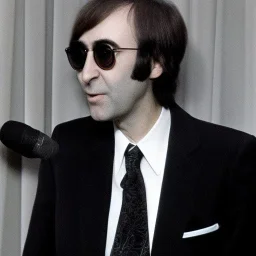 Tom Snyder in a suit leaning forward to talk to John Lennon, 1980s