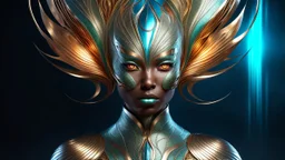 futuristic illutration: a fantasy female creature with a textured, metallic body that emits rhythmic, scratchy sounds. Its skin resembles the grooves of a guiro, with vibrant, swirling patterns. It has lively, glowing eyes and moves gracefully, radiating energy