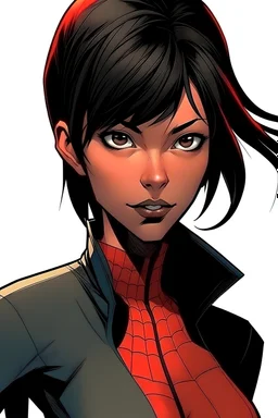 A woman character with a black tall wolf cut hair in Spiderman comic style