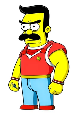 The Immortal from Invincible mixed with the face and moustache of Uncle Grandpa from Cartoon Network, he also has Homer simpsons hair. He has a red fannypack on the exterior of his outfit. He has a normal skintone and wears a superhero suit. It is in the style of Tatsuki Fujimoto