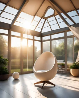 an egg chair hanging from the roof of a sun room with light rays shining through the windows