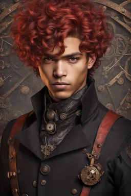 mulatto sorcerer male of nineteen years old, brown eyes, short wavy blood-red hair, dressed in a steampunk style