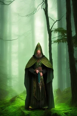 A powerful wizard wearing dark cloak, using magic, green magic symbols, woods, forest background, dark scene, dramatic lighting