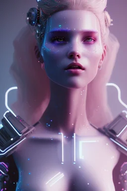 cyberpunk, head, women, portrai, tron sketch of a girl on lined paperA beautiful one nude body of a make up smiling woman blond long hair, alone, high key lighting, volumetric light high details with white stripes and blue eye, smiling with plump pink lips, flowers around, unreal engine petit prince belle fine, profil de trois quart, grand front cosmique, peau bleu cristalline, yeux bleu, perle sur le front long cheveux blond et rose etoilé, cristaux sur le corps, collier de grande princesse, l