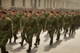 caucasian soldiers; marching in formation; away from camera; military parade; tight formation; shoulder to shoulder; marching along a street; green uniforms; medals and insignia; weapons in hands;